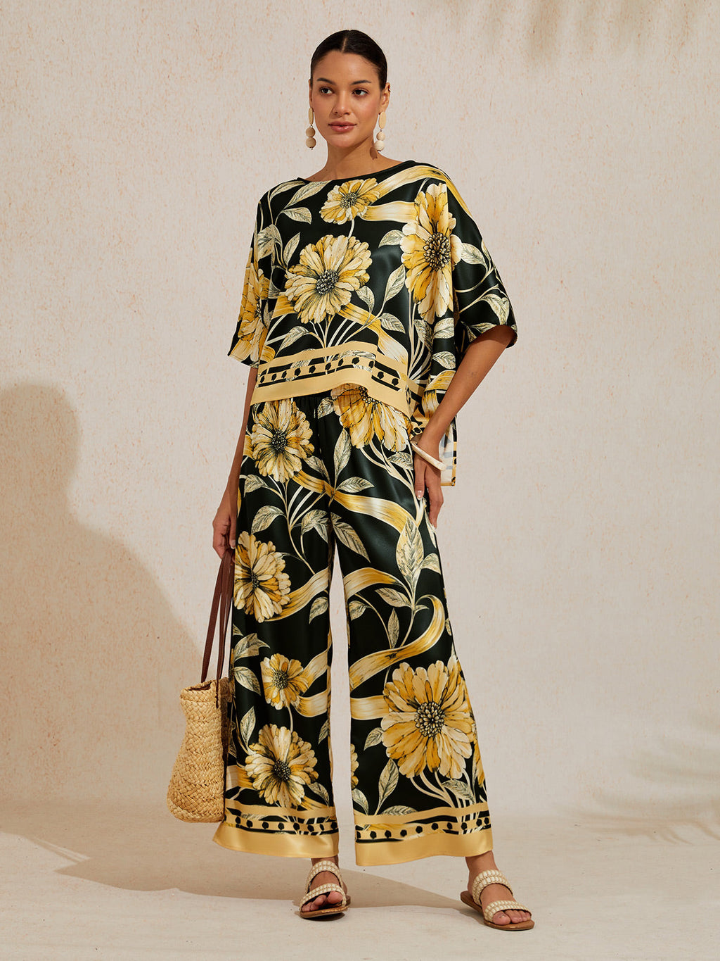 Golden Petal Satin Wide-Leg Pants by Aurelia Sun