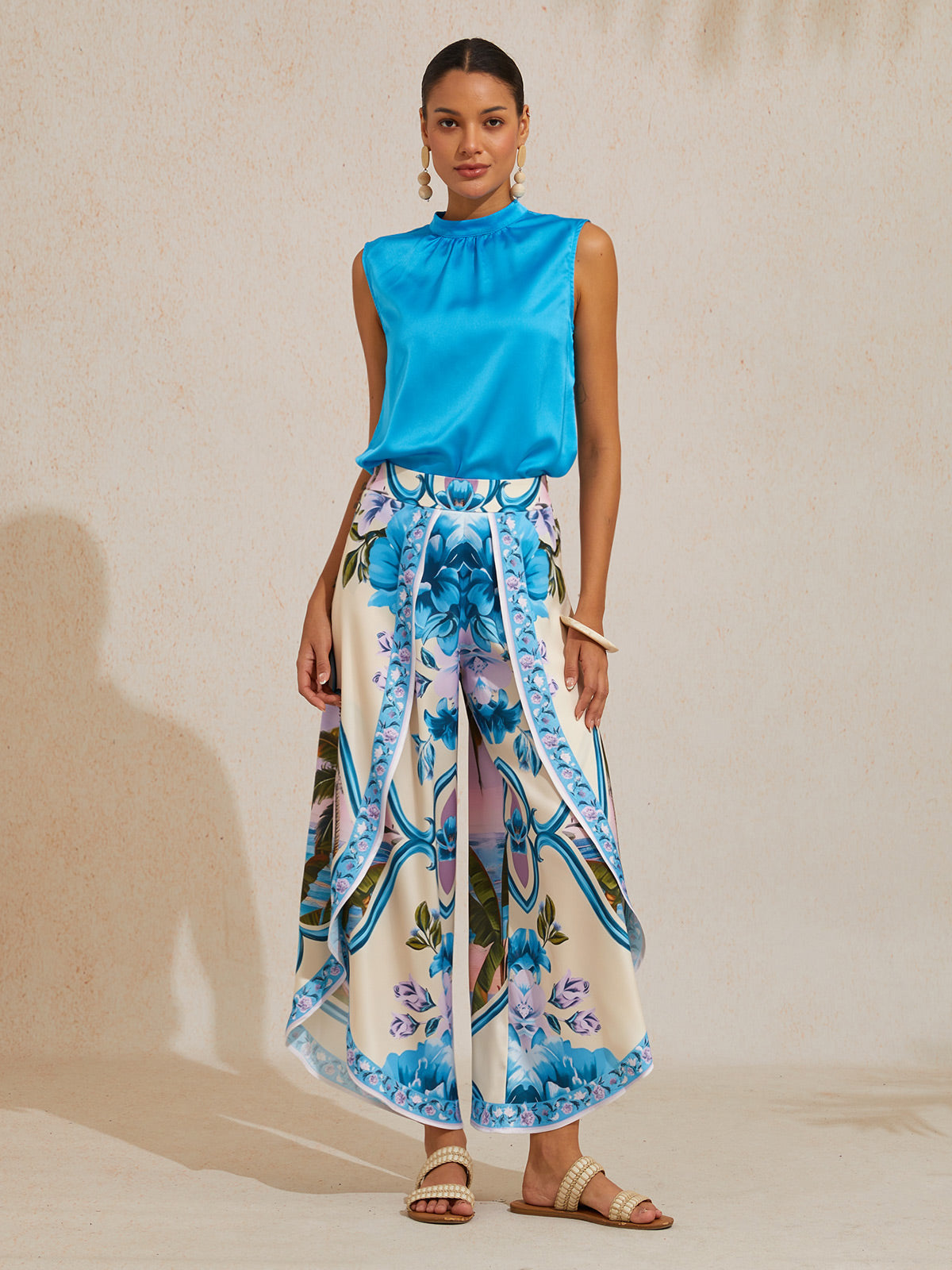 Hawaii Palm Satin Wrap Wide-Leg Pants in Royal Blue by Aurelia Sun