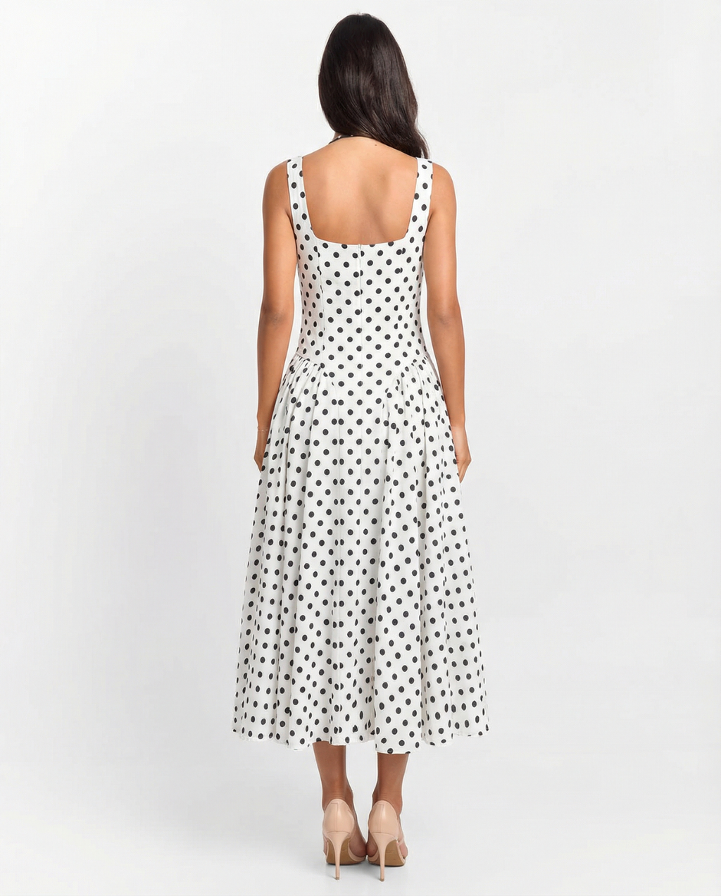 Polka Dot V-Neck Pleated Midi Dress