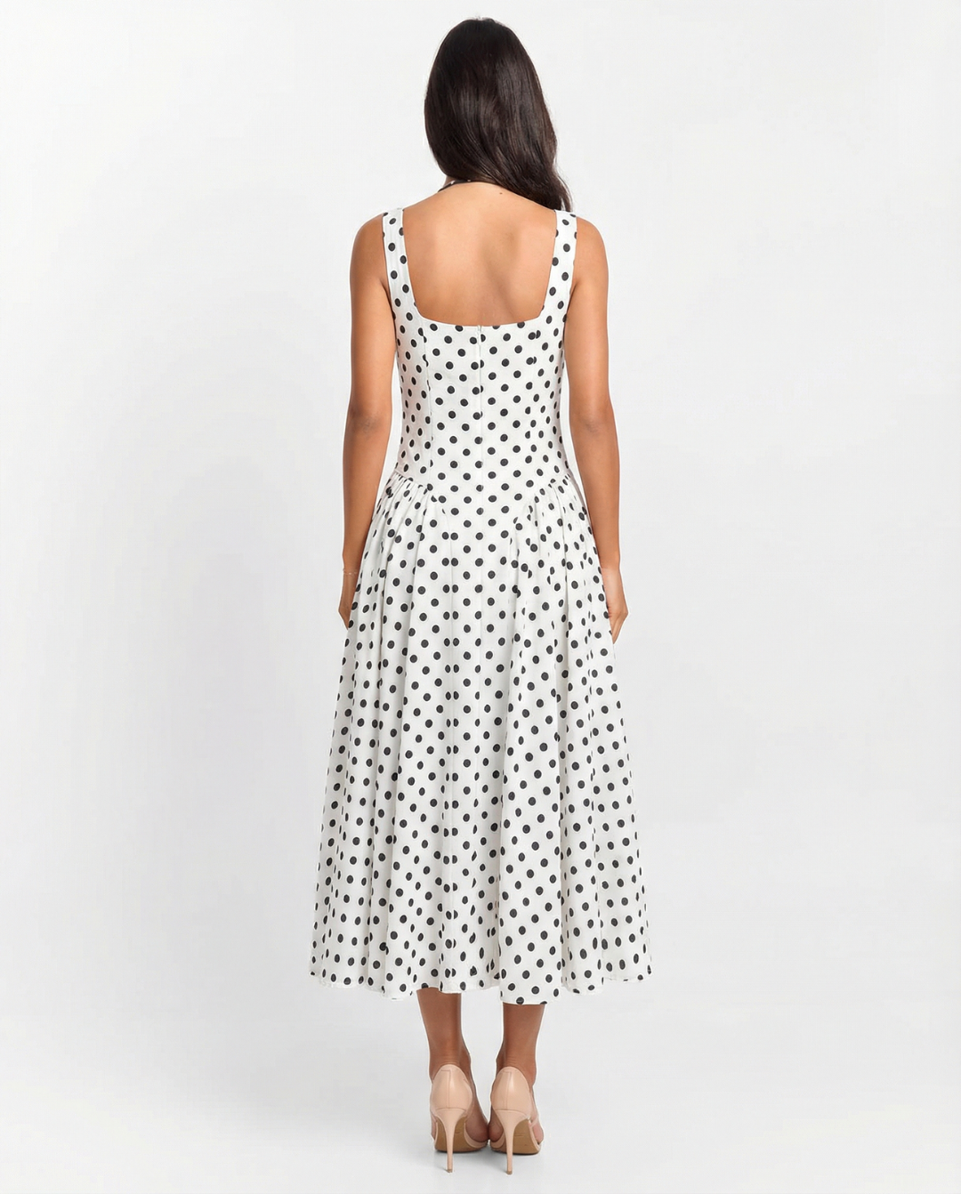 Polka Dot V-Neck Pleated Midi Dress