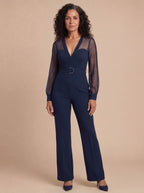 Navy Sheer-Sleeve Wide-Leg Jumpsuit