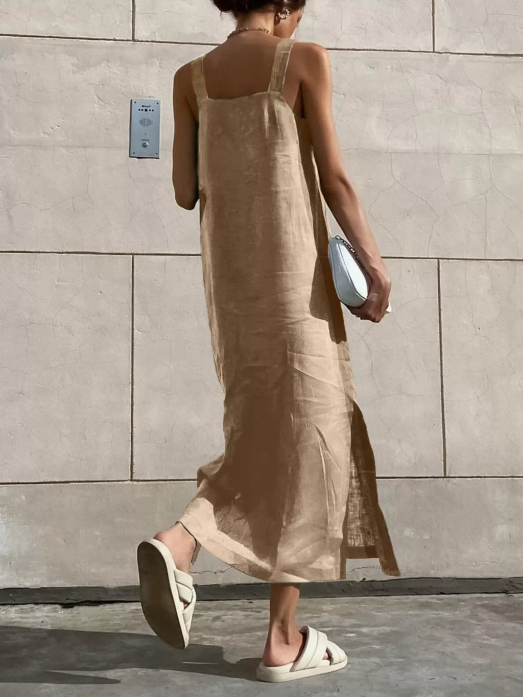 Women's Cotton Linen Side-Slit Midi Dress