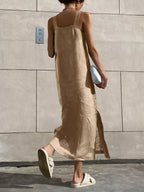 Women's Cotton Linen Side-Slit Midi Dress