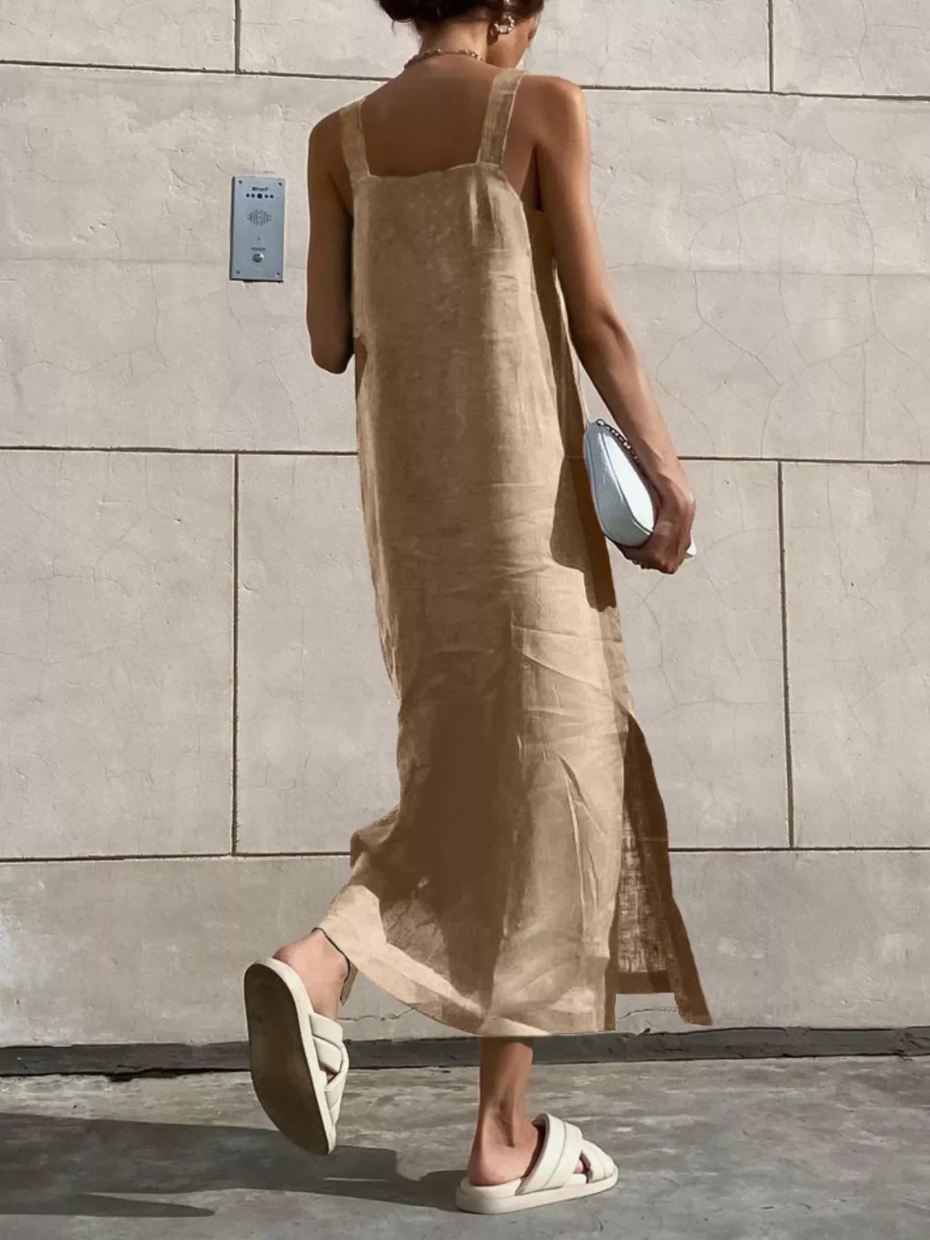 Women's Cotton Linen Side-Slit Midi Dress