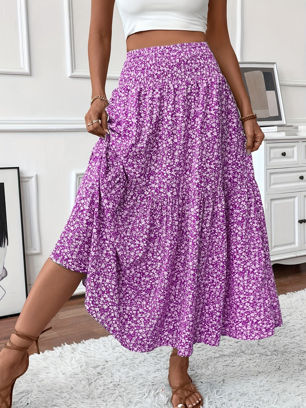 Elena Ditsy Floral Midi Skirt – Black
