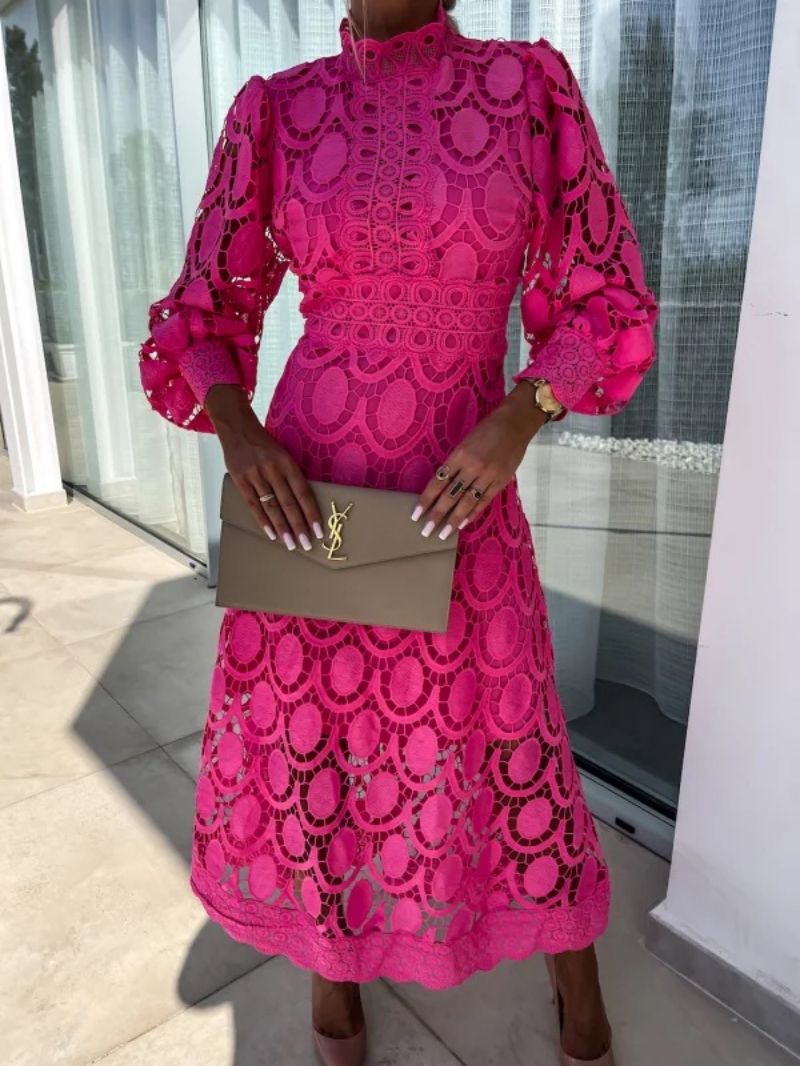 Lace High-Neck Puff-Sleeve Midi Dress