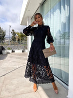 Lace High-Neck Puff-Sleeve Dress