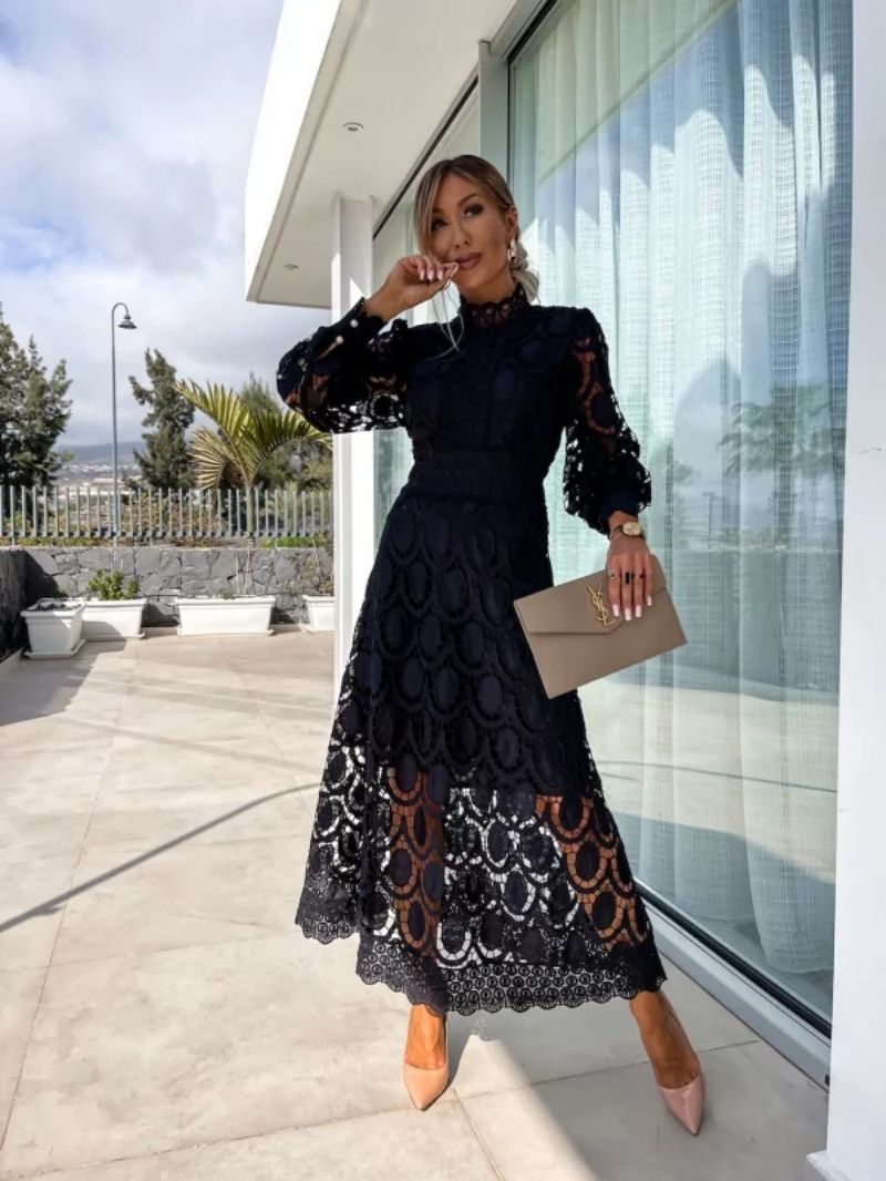 Lace High-Neck Puff-Sleeve Dress