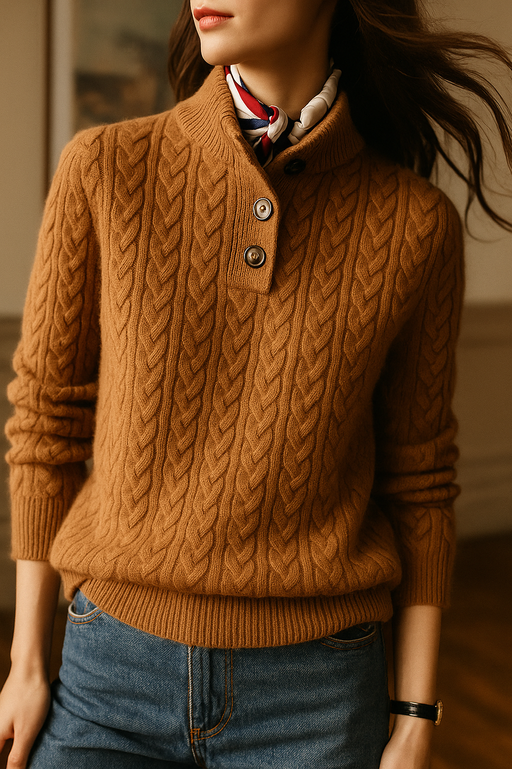 Arden Cable-Knit Cashmere Blend Sweater – Brown