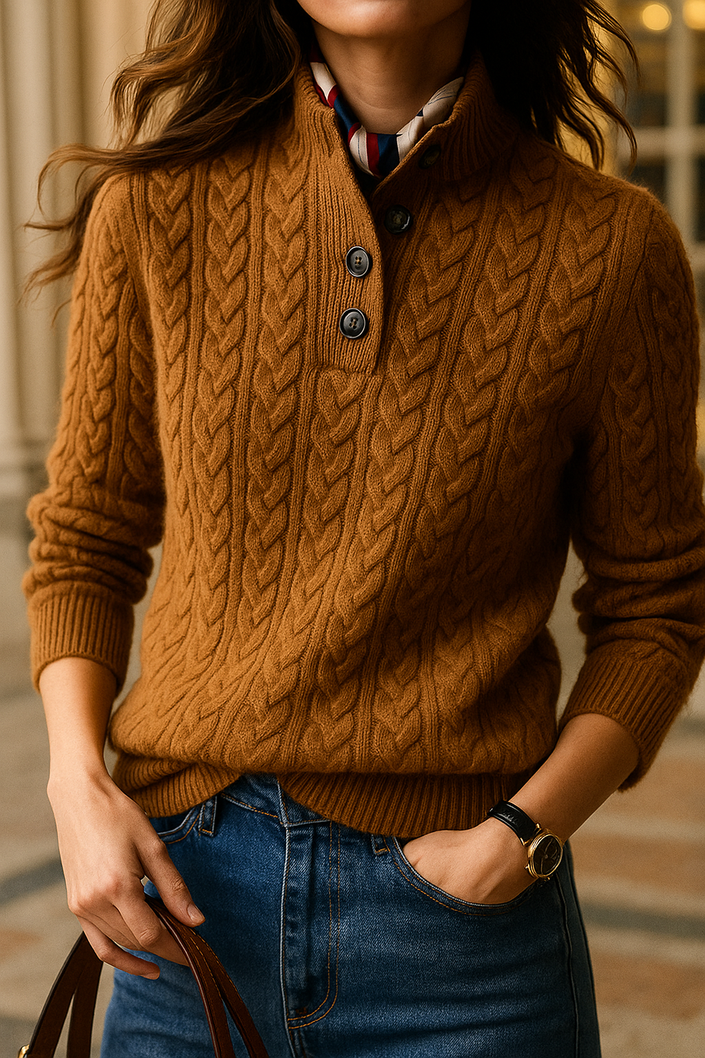 Arden Cable-Knit Cashmere Blend Sweater – Brown