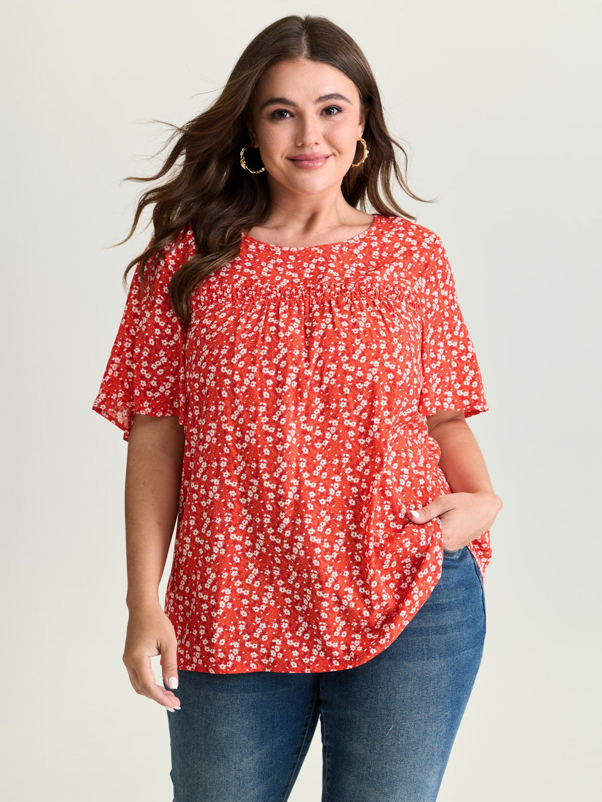 Plus Size Floral Ruffle-Sleeve Blouse