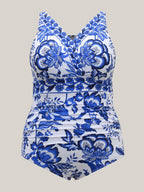Plus Size Floral Swimsuit & Mesh Sarong Set