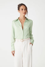 Mae Satin Button-Up Shirt in Mint by Aurelia Sun