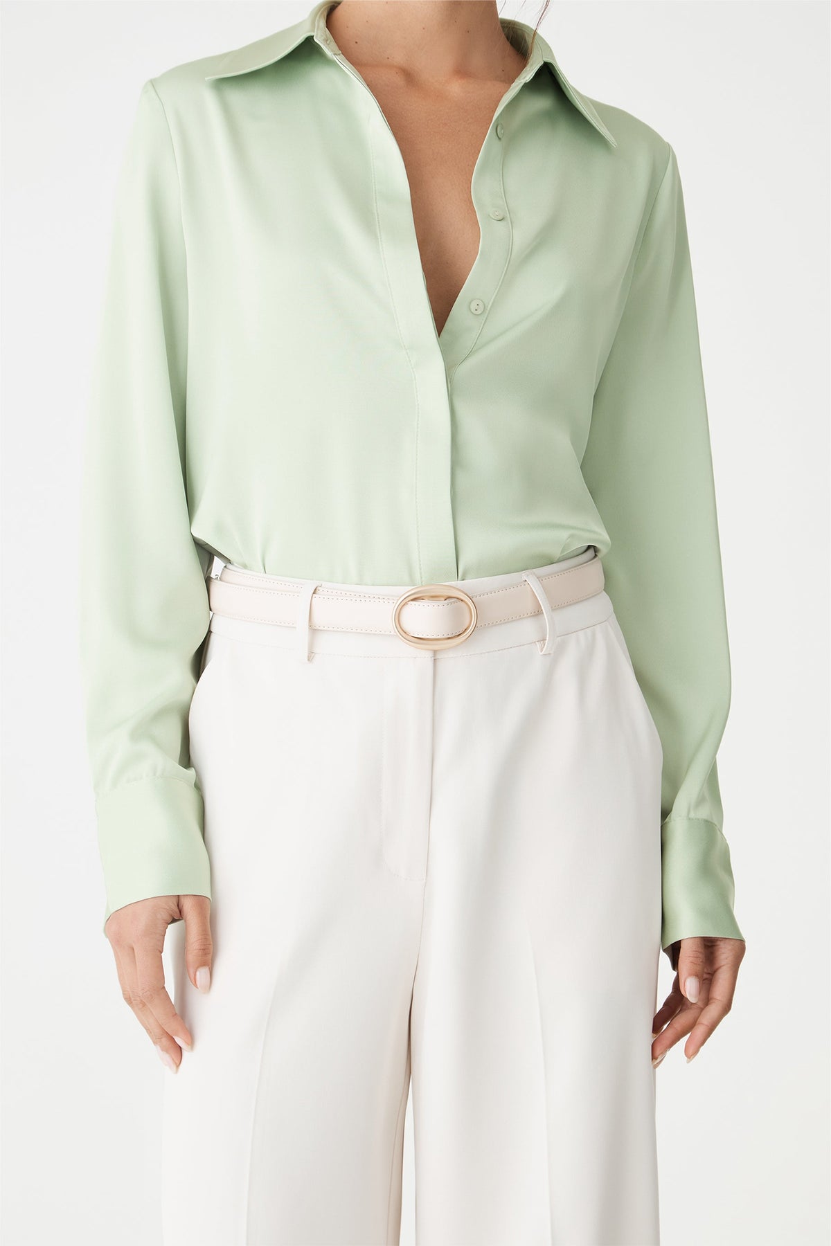 Mae Satin Button-Up Shirt in Mint by Aurelia Sun