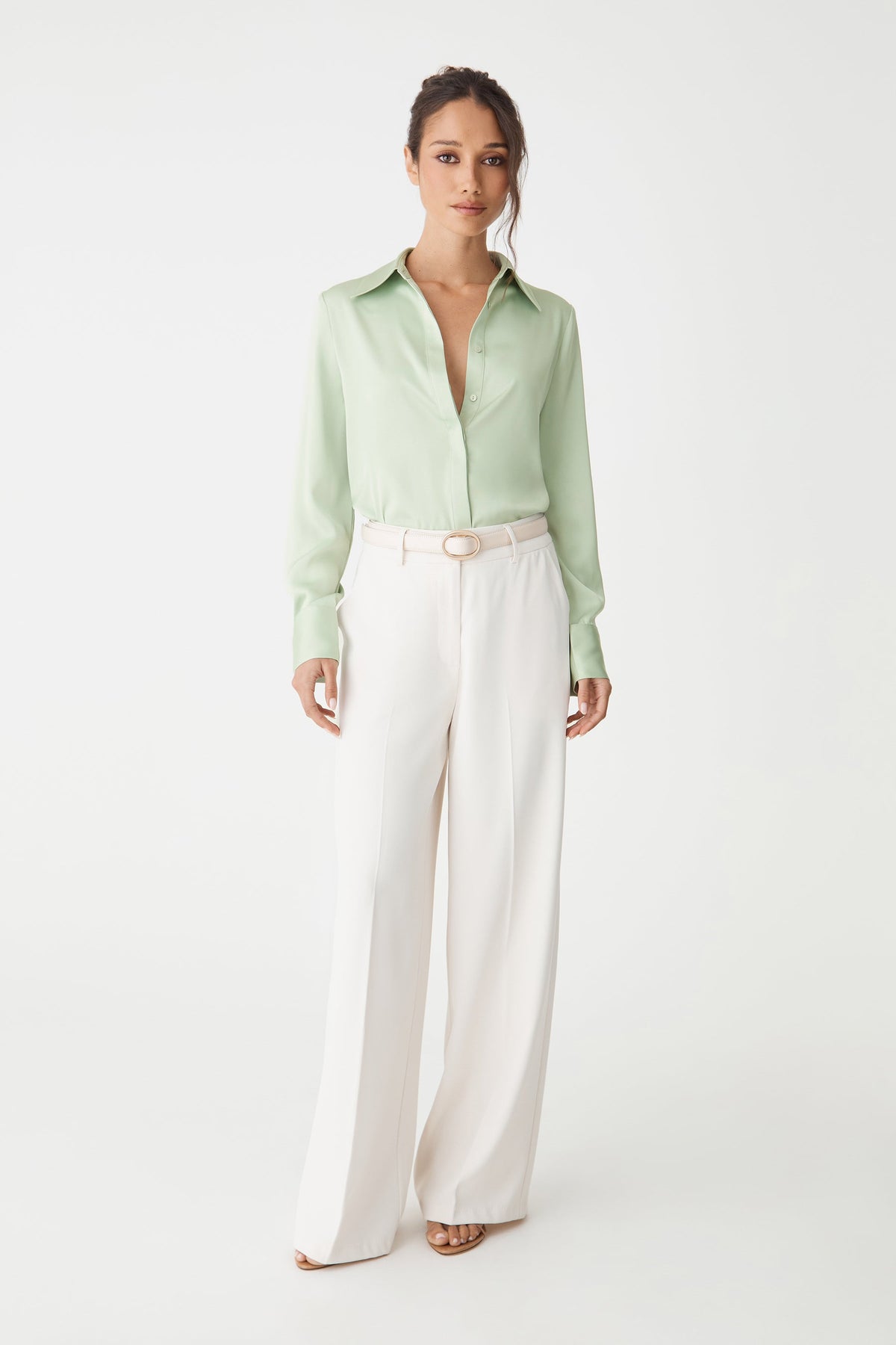 Mae Satin Button-Up Shirt in Mint by Aurelia Sun