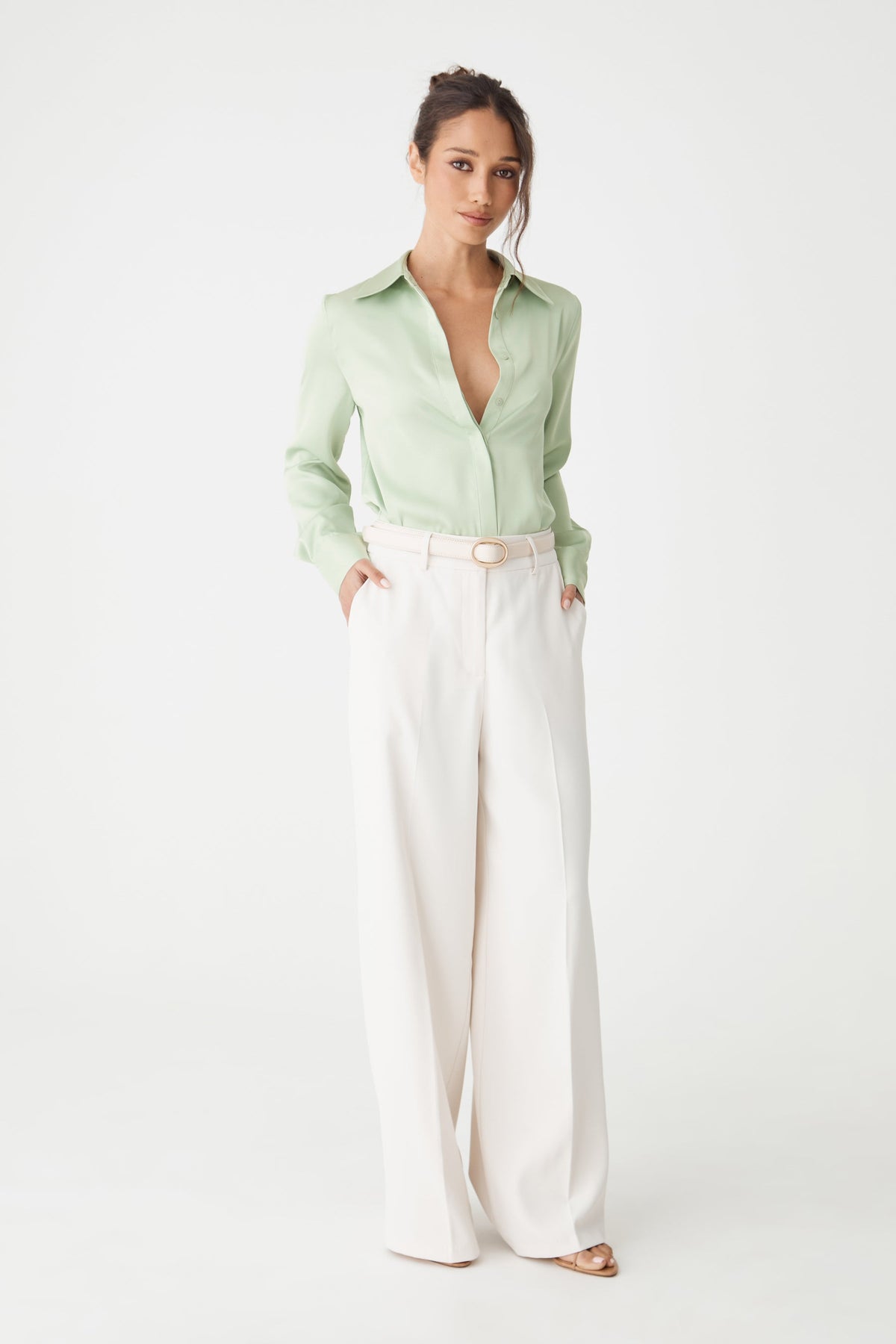 Mae Satin Button-Up Shirt in Mint by Aurelia Sun
