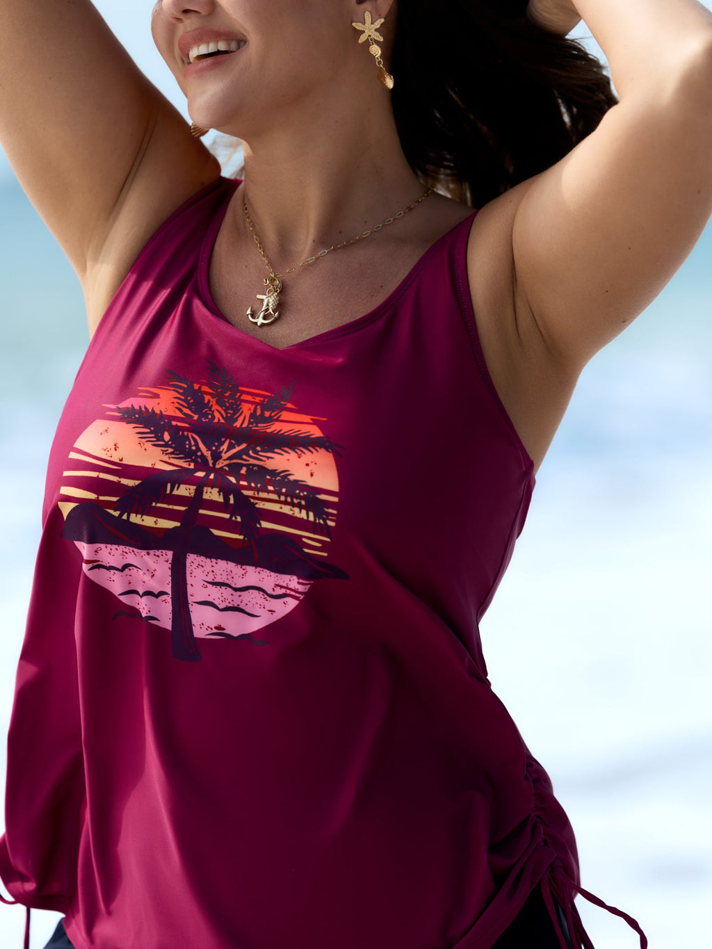 Plus Size Tropical Drawstring Swim Top