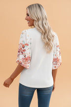 Women's Floral Patchwork Ribbed Knit Top – White