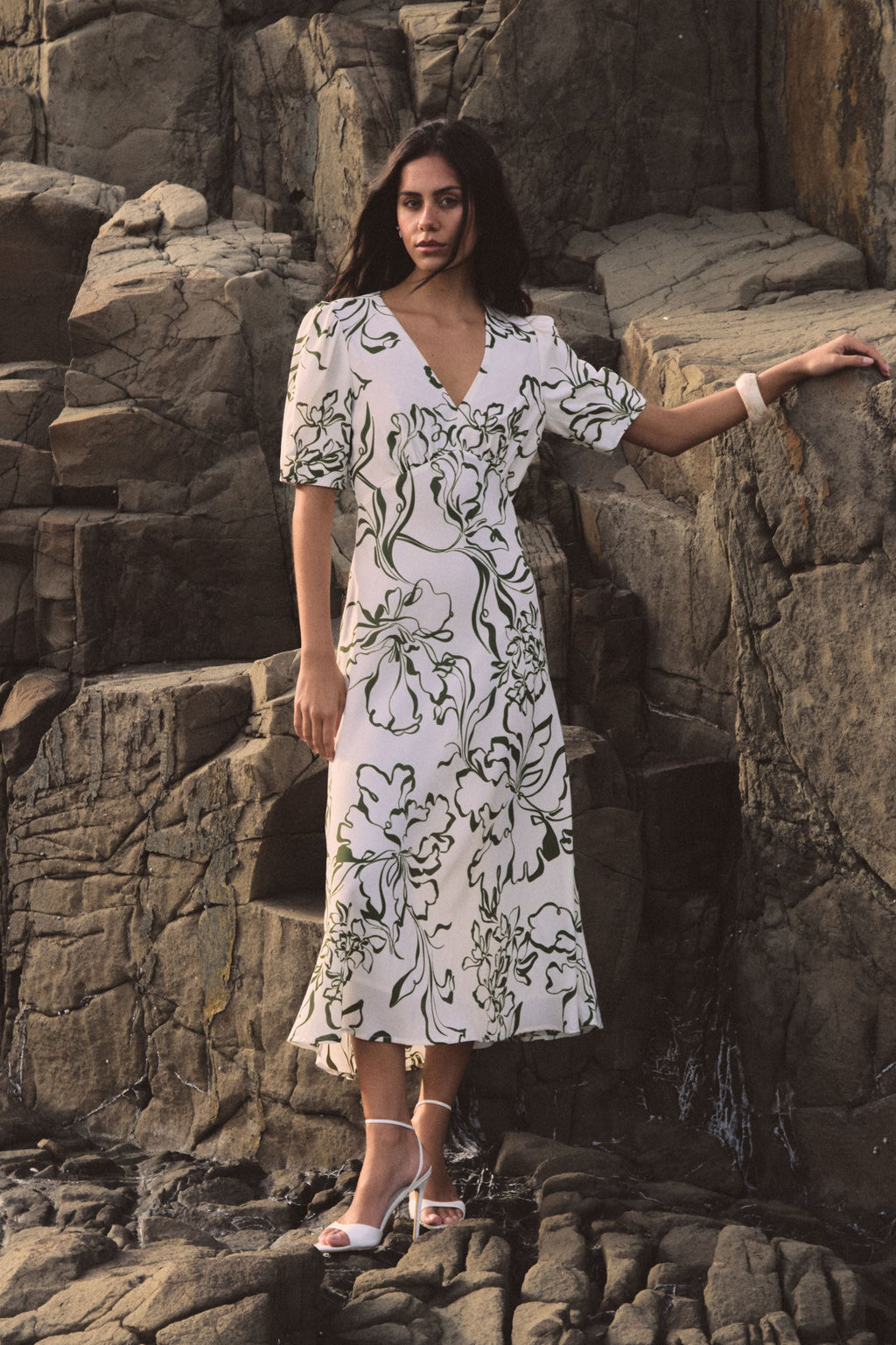 Natalie Floral V-Neck Midi Dress in Cream & Olive by Aurelia Sun