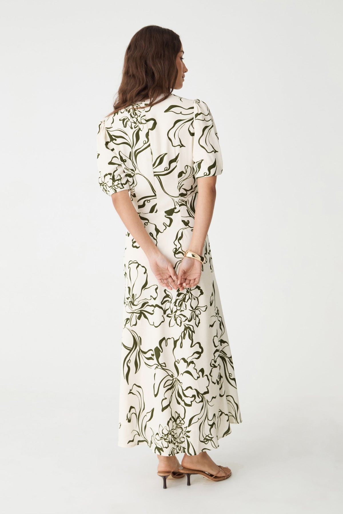 Natalie Floral V-Neck Midi Dress in Cream & Olive by Aurelia Sun