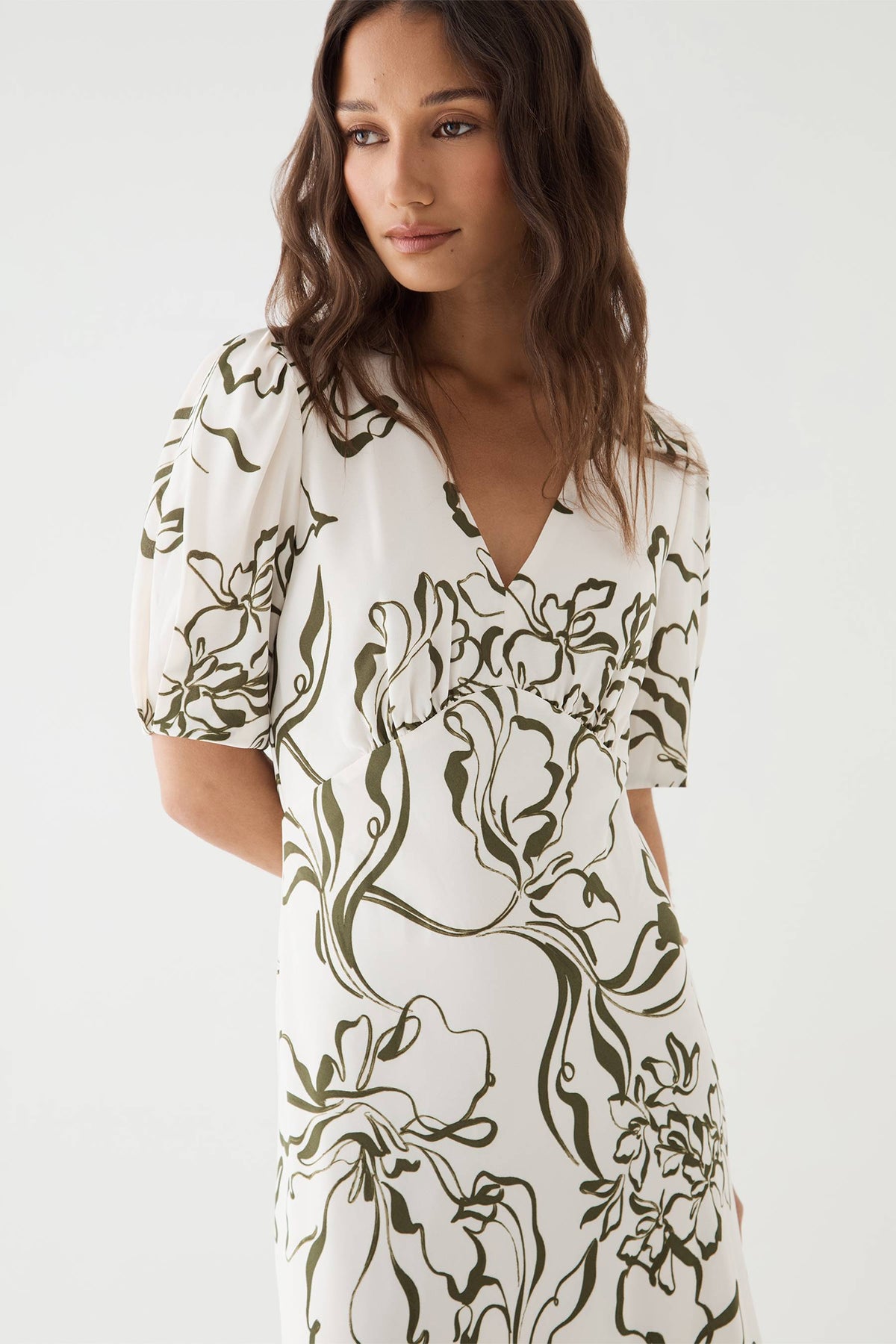 Natalie Floral V-Neck Midi Dress in Cream & Olive by Aurelia Sun