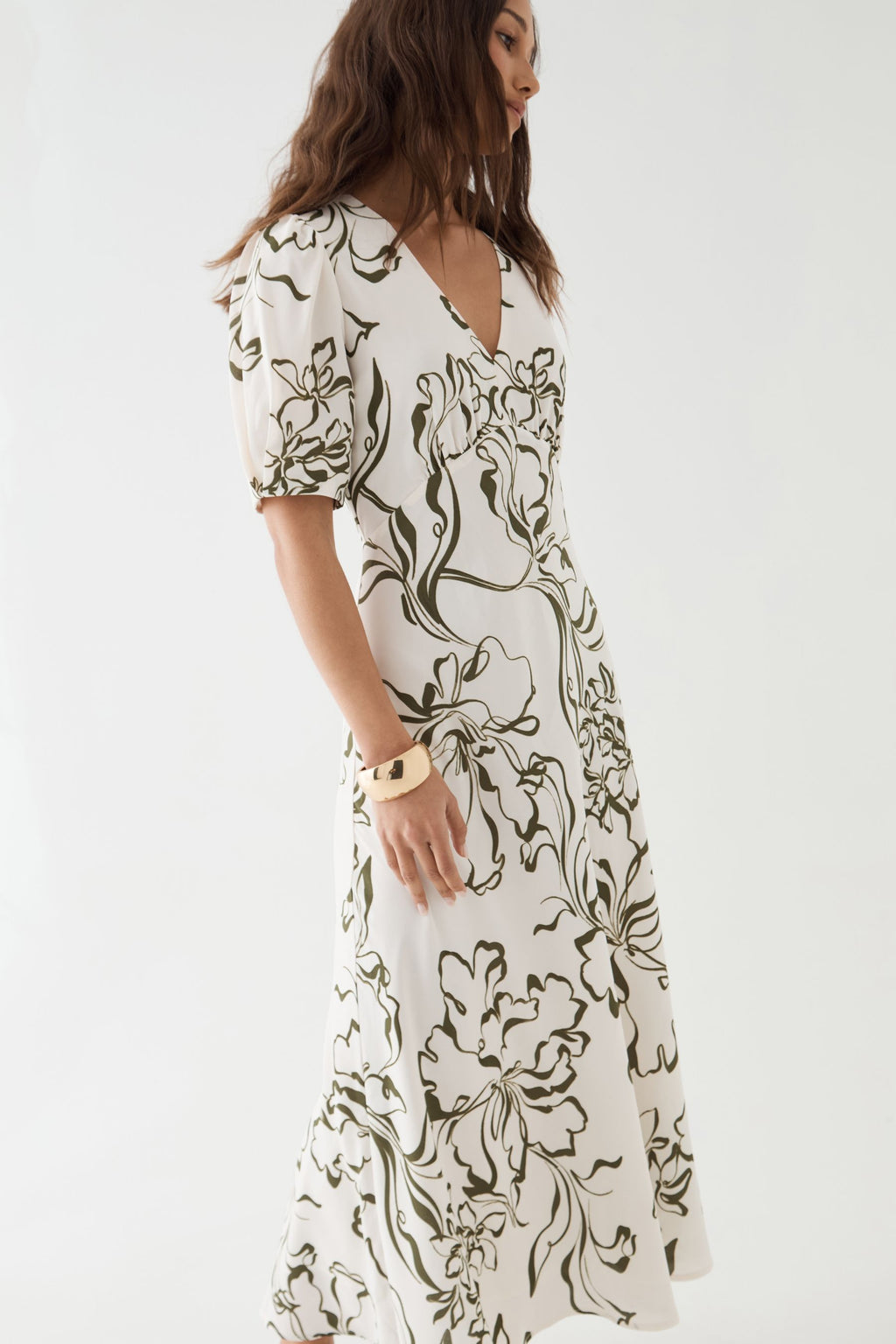 Natalie Floral V-Neck Midi Dress in Cream & Olive by Aurelia Sun