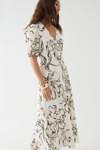 Natalie Floral V-Neck Midi Dress in Cream & Olive by Aurelia Sun