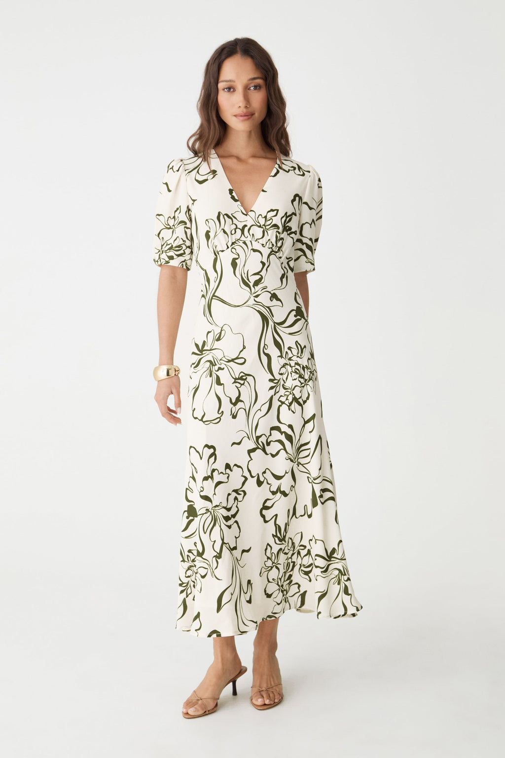 Natalie Floral V-Neck Midi Dress in Cream & Olive by Aurelia Sun