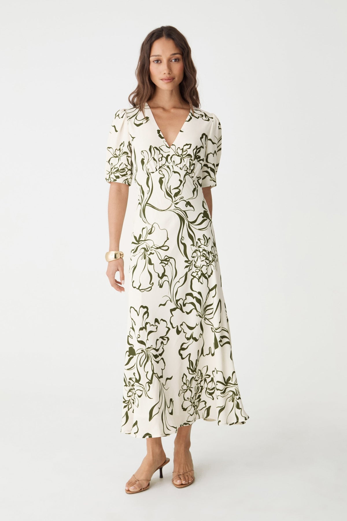 Natalie Floral V-Neck Midi Dress in Cream & Olive by Aurelia Sun