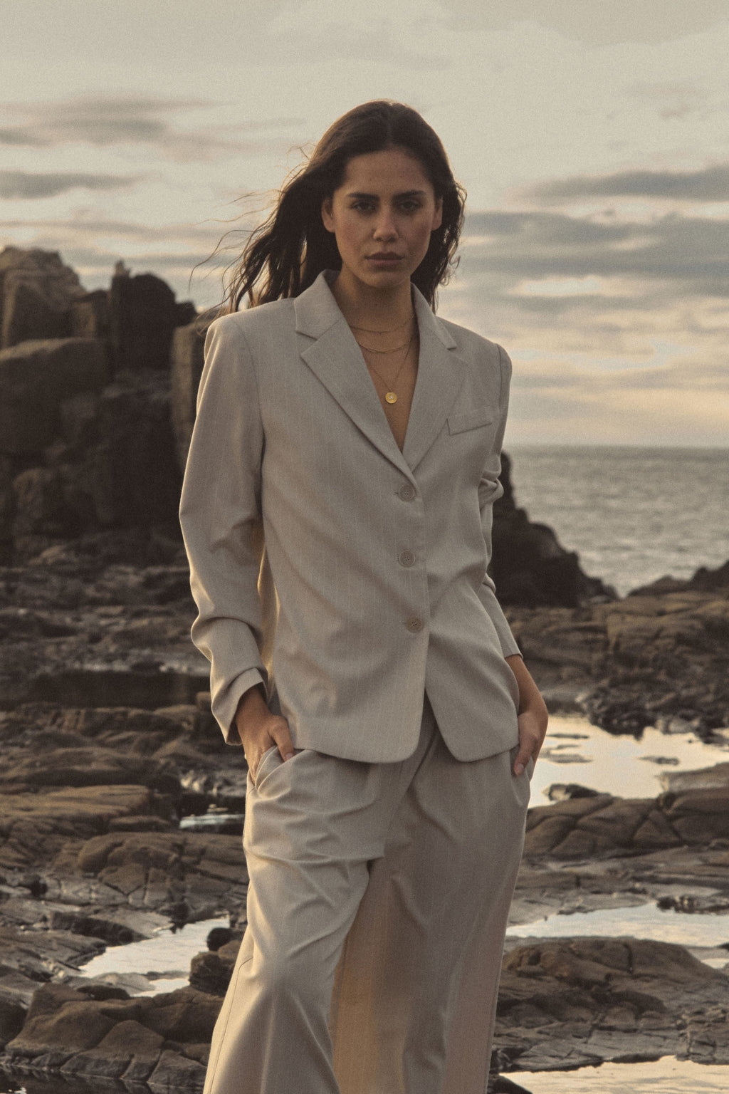 Zoe Relaxed Pinstripe Blazer in Beige Pinstripe by Aurelia Sun