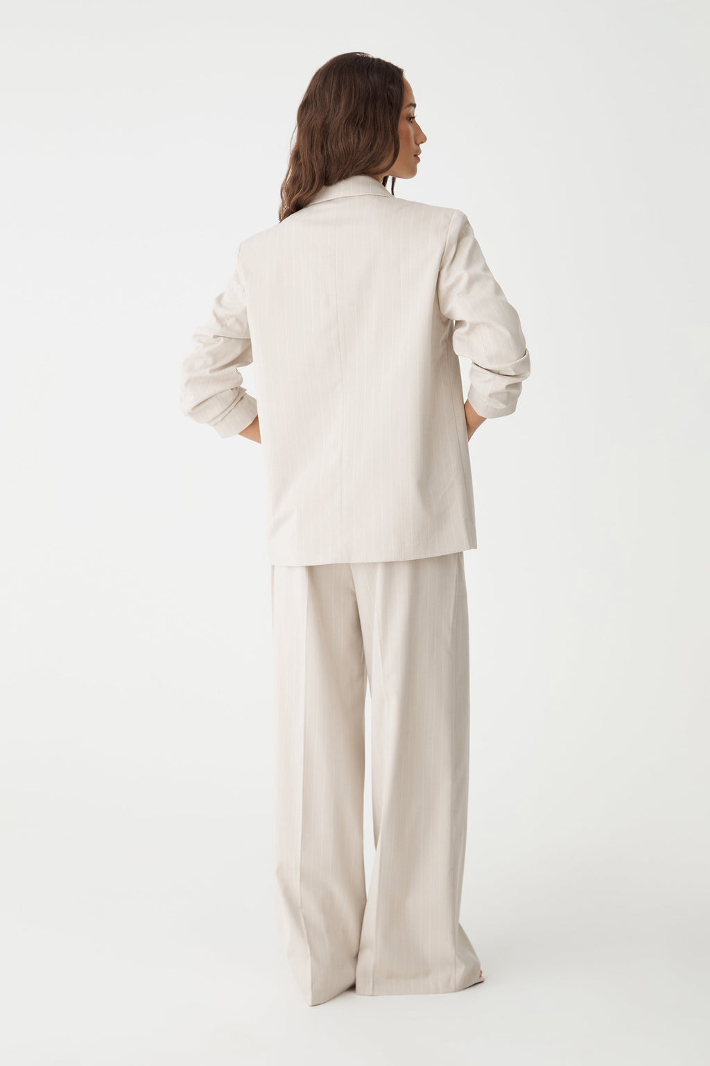 Zoe Relaxed Pinstripe Blazer in Beige Pinstripe by Aurelia Sun