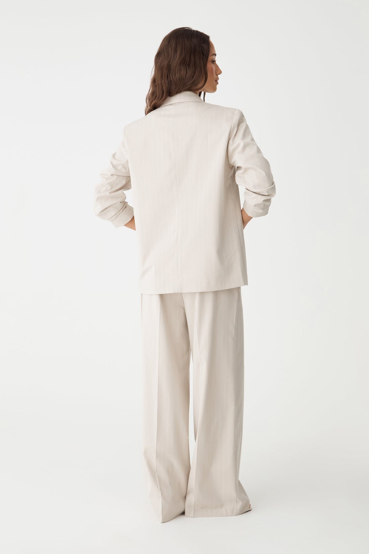 Zoe Relaxed Pinstripe Blazer in Beige Pinstripe by Aurelia Sun