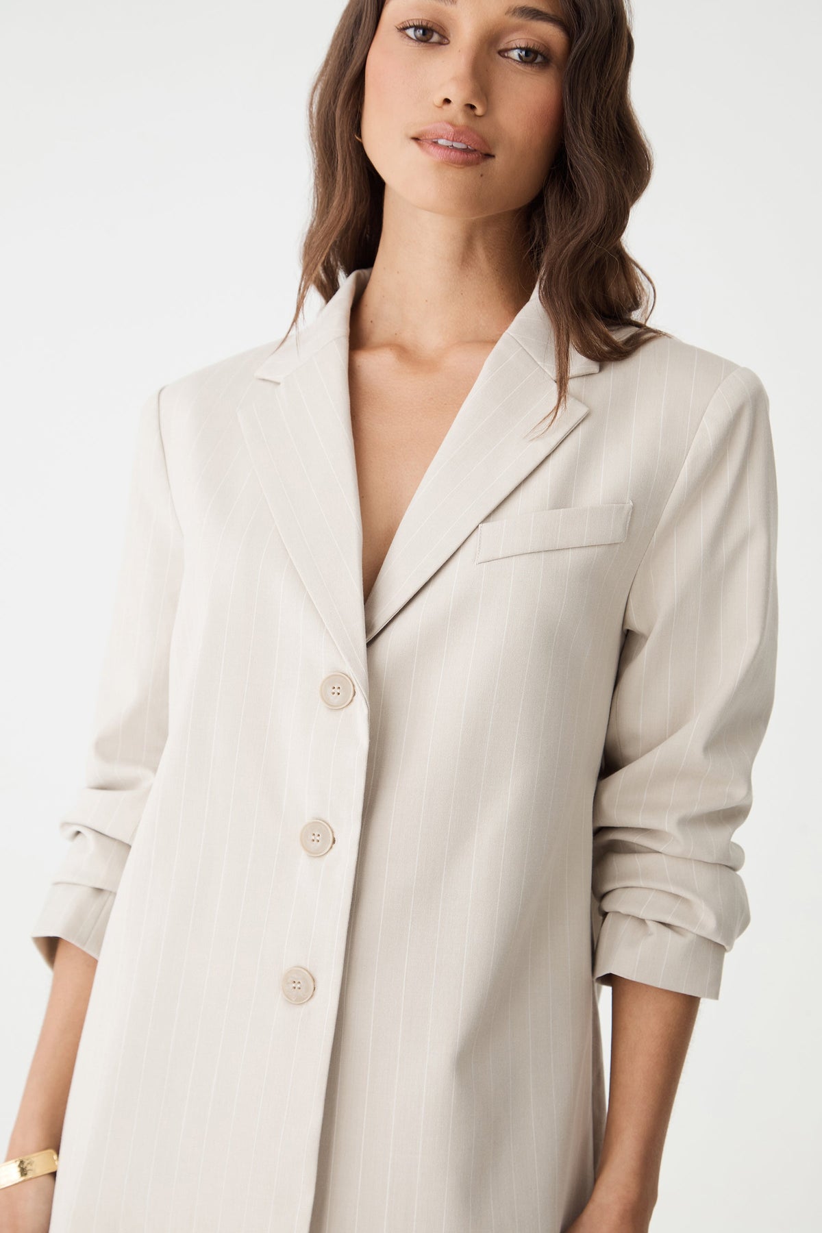 Zoe Relaxed Pinstripe Blazer in Beige Pinstripe by Aurelia Sun