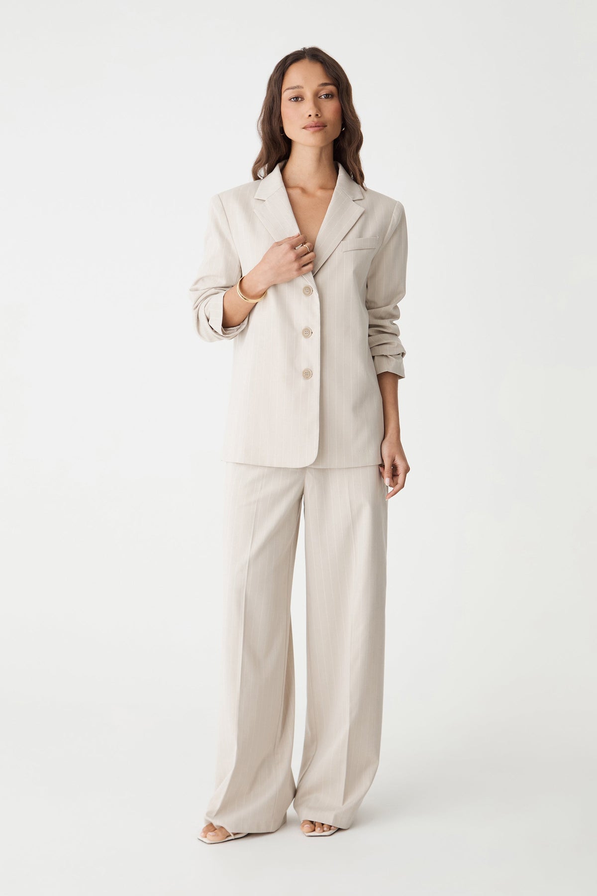 Zoe Relaxed Pinstripe Blazer in Beige Pinstripe by Aurelia Sun