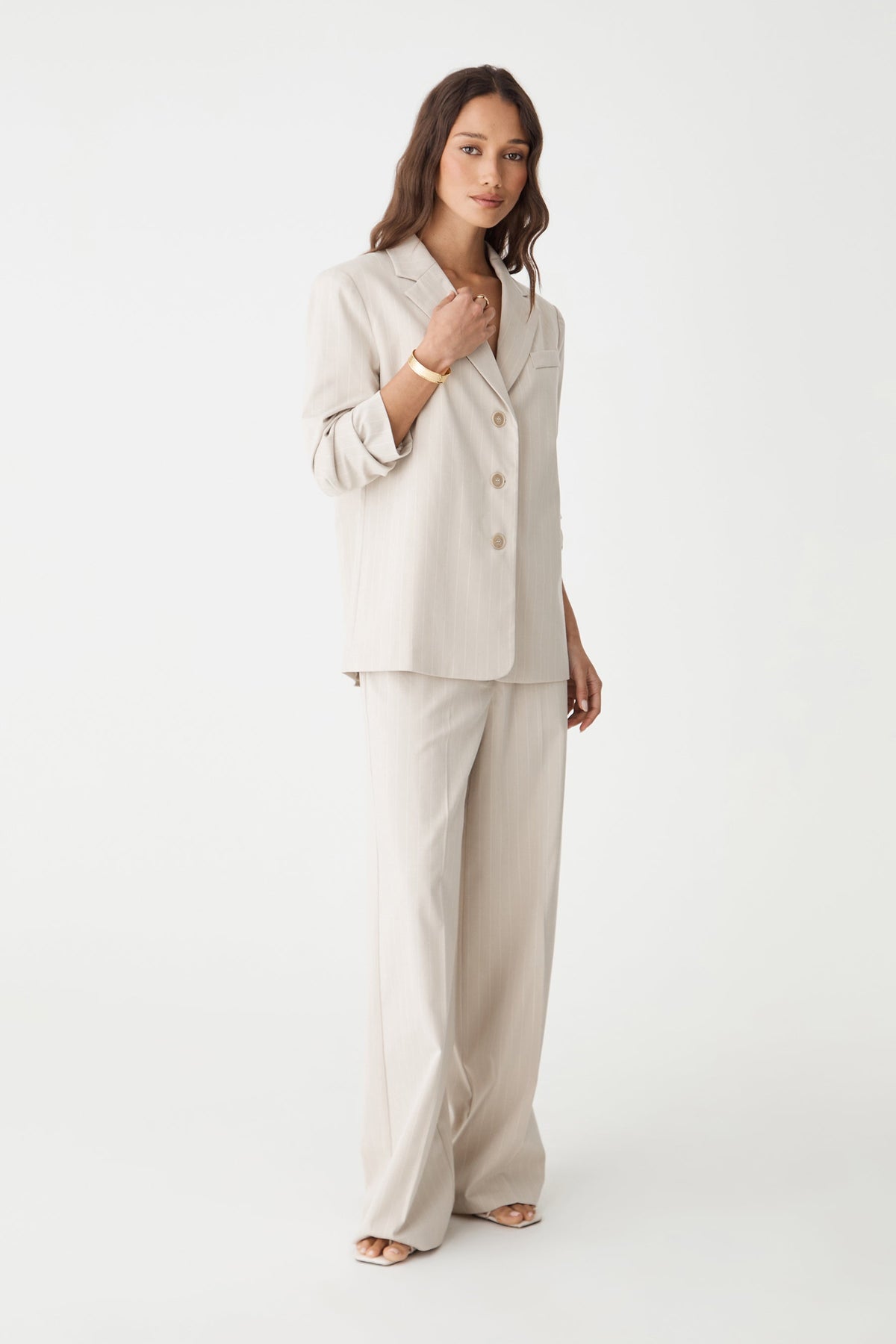 Zoe Relaxed Pinstripe Blazer in Beige Pinstripe by Aurelia Sun