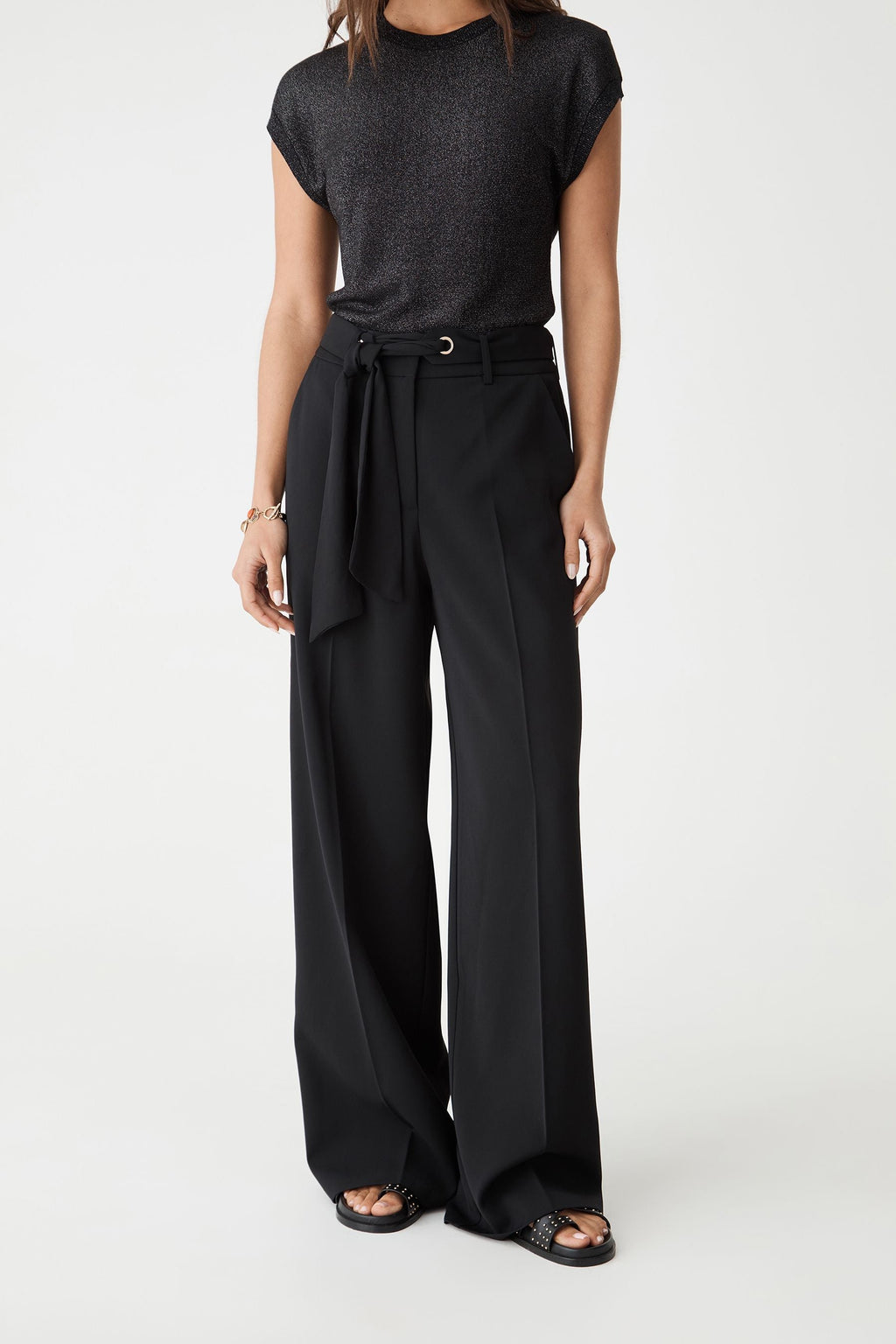 Natalie Belted Wide-Leg Pants in Black by Aurelia Sun