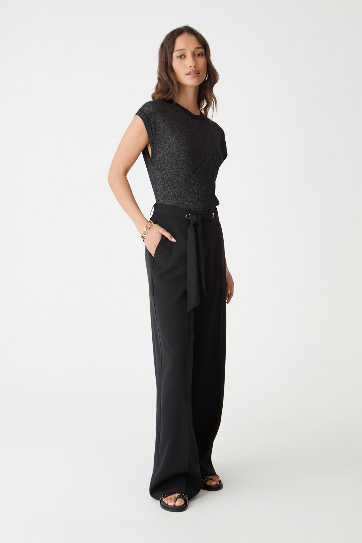 Natalie Belted Wide-Leg Pants in Black by Aurelia Sun