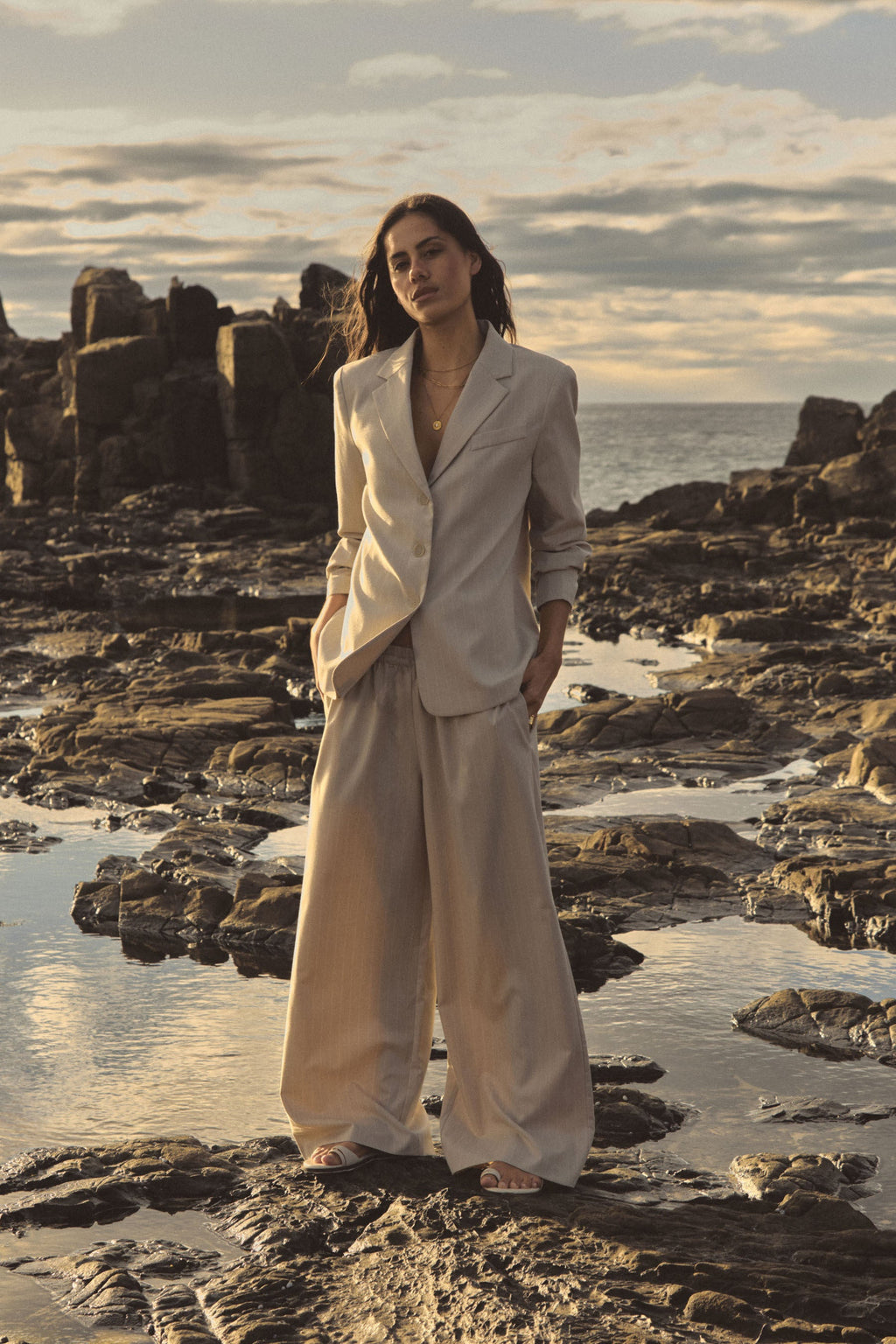 Zoe Elastic-Waist Pinstripe Pants in Beige Pinstripe by Aurelia Sun