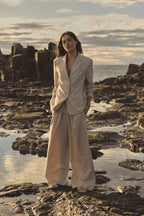 Zoe Elastic-Waist Pinstripe Pants in Beige Pinstripe by Aurelia Sun