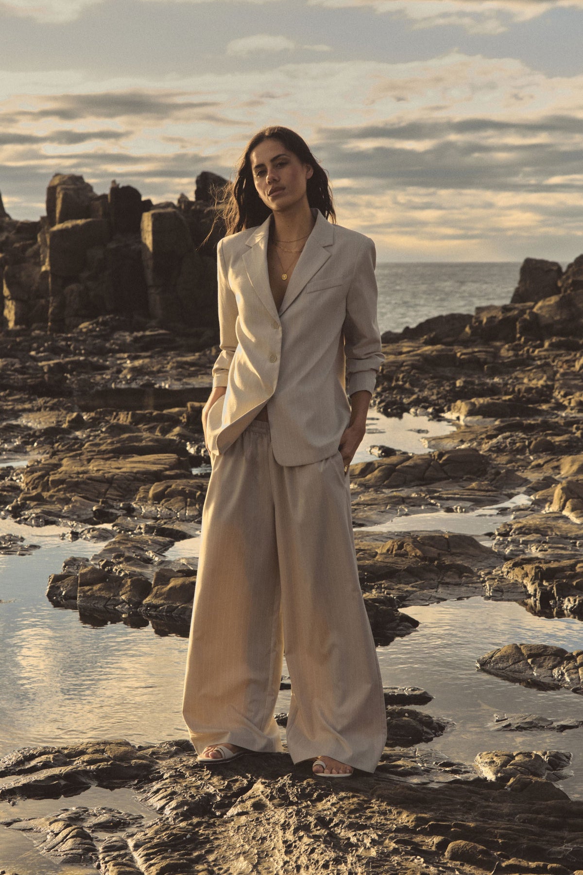 Zoe Elastic-Waist Pinstripe Pants in Beige Pinstripe by Aurelia Sun