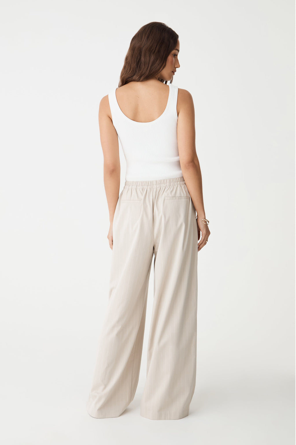 Zoe Elastic-Waist Pinstripe Pants in Beige Pinstripe by Aurelia Sun