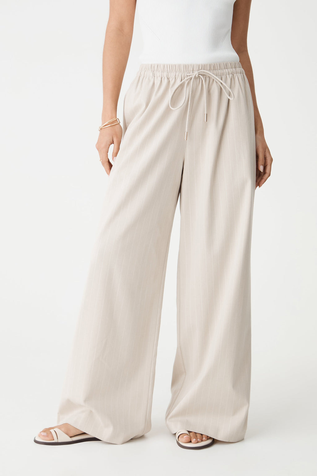 Zoe Elastic-Waist Pinstripe Pants in Beige Pinstripe by Aurelia Sun
