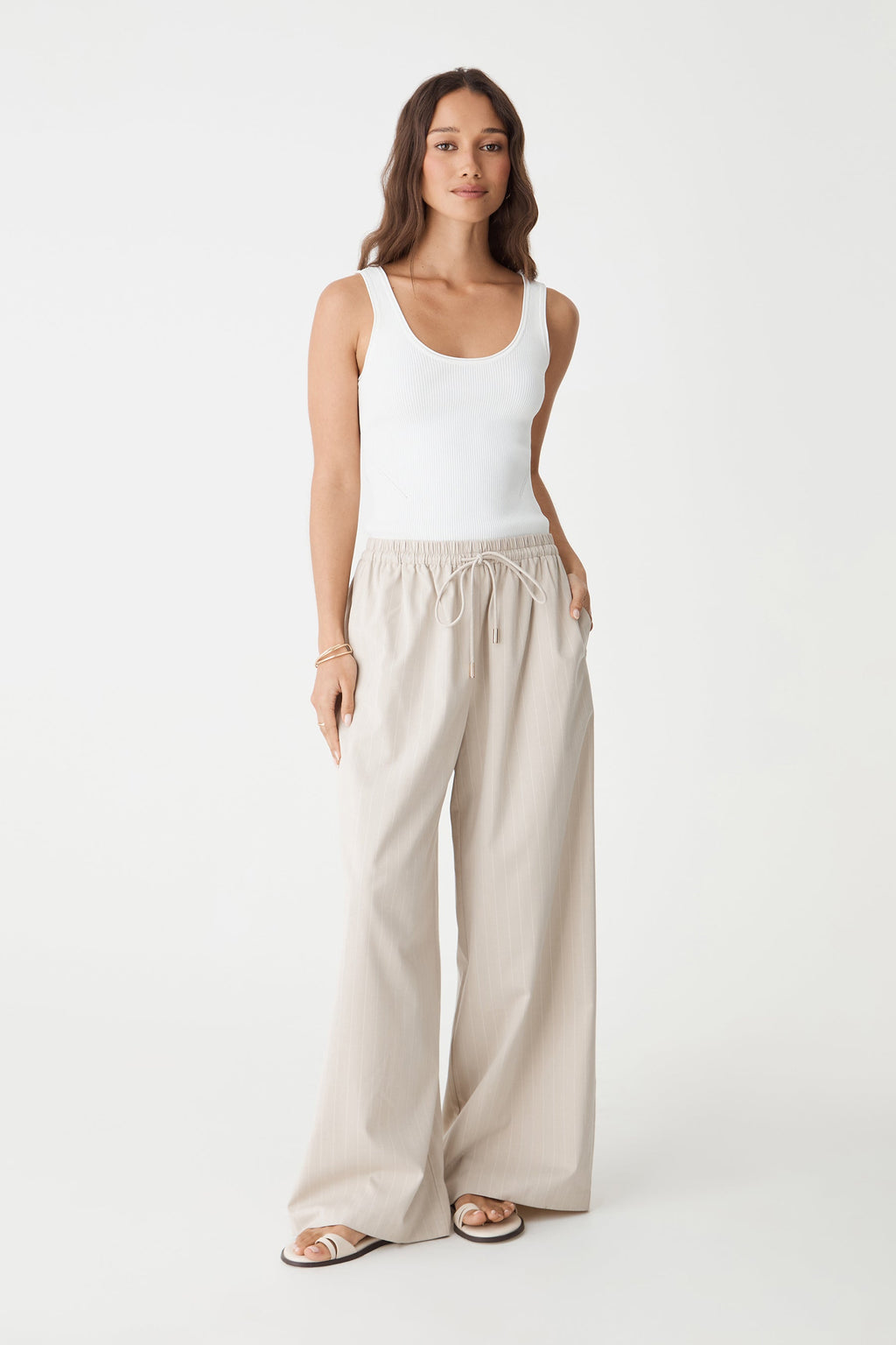 Zoe Elastic-Waist Pinstripe Pants in Beige Pinstripe by Aurelia Sun