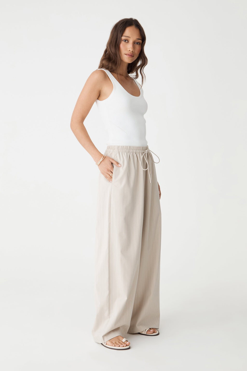 Zoe Elastic-Waist Pinstripe Pants in Beige Pinstripe by Aurelia Sun