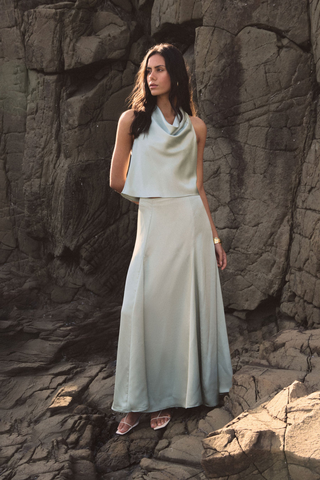 Freya Satin Godet Maxi Skirt in Pistachio by Aurelia Sun