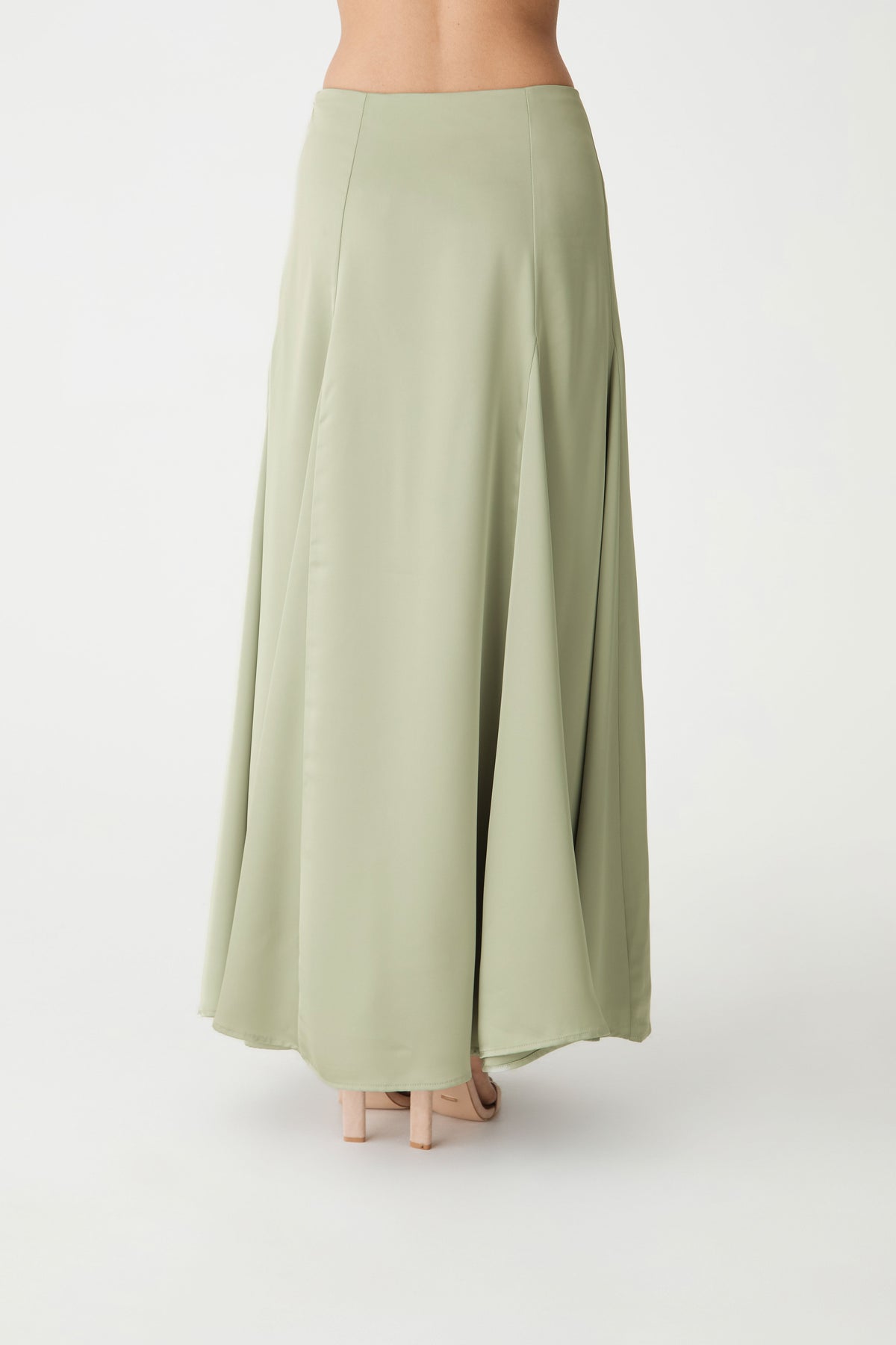 Freya Satin Godet Maxi Skirt in Pistachio by Aurelia Sun