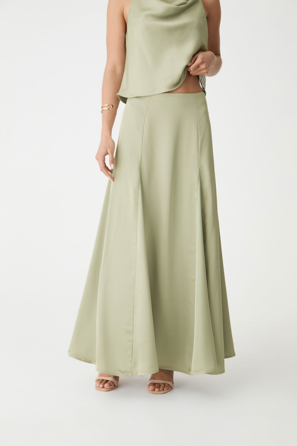 Freya Satin Godet Maxi Skirt in Pistachio by Aurelia Sun