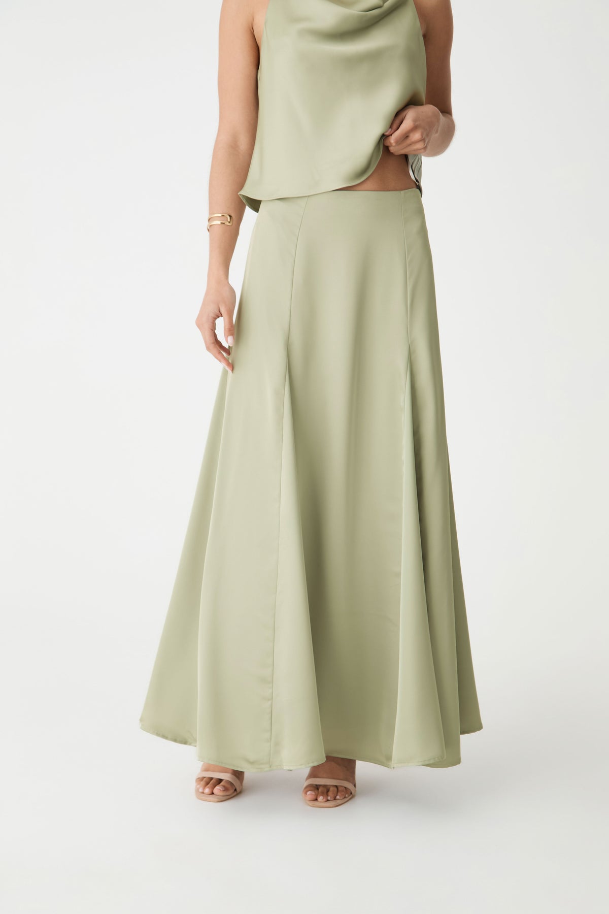 Freya Satin Godet Maxi Skirt in Pistachio by Aurelia Sun