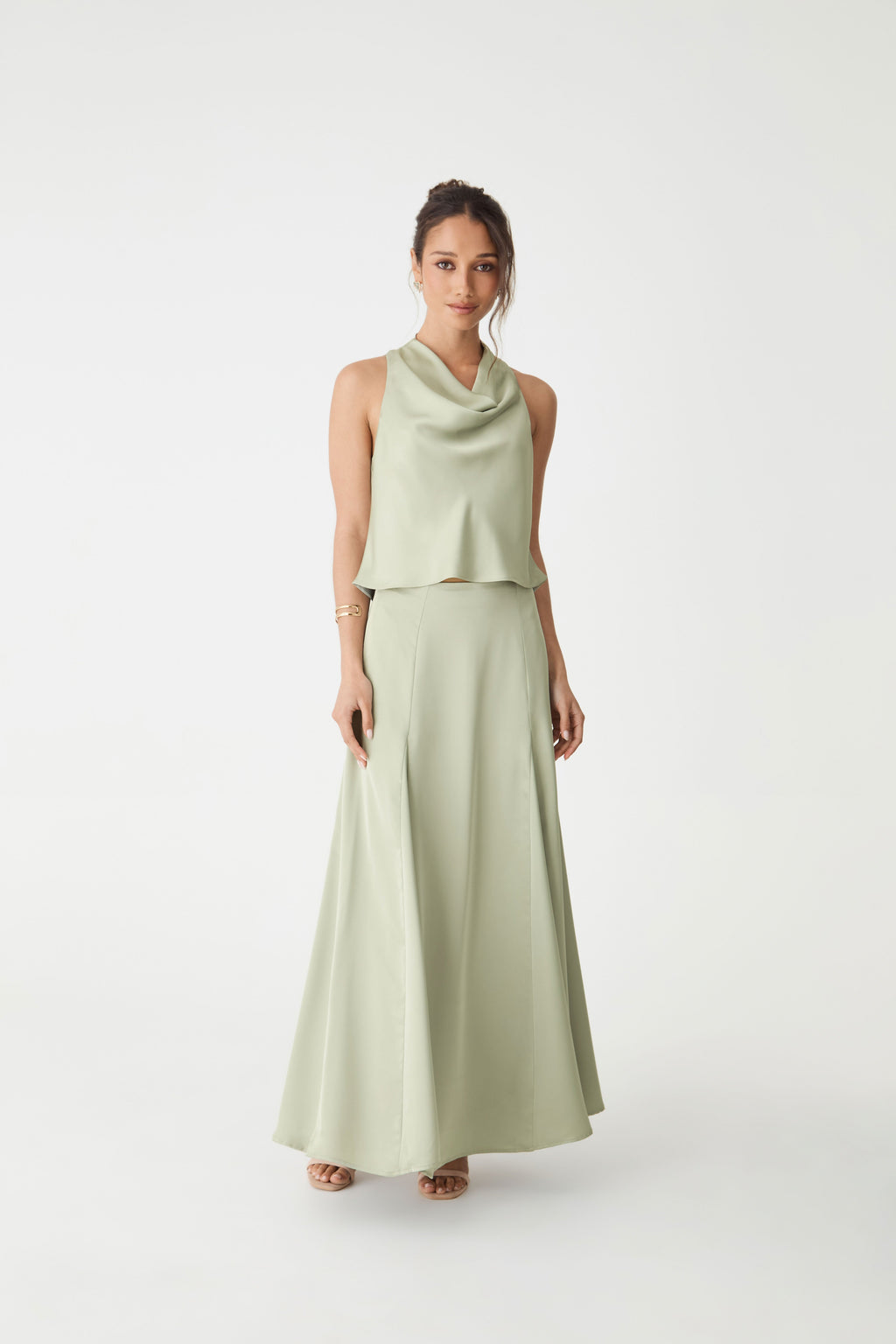 Freya Satin Godet Maxi Skirt in Pistachio by Aurelia Sun