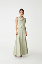 Freya Satin Godet Maxi Skirt in Pistachio by Aurelia Sun